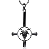 Satan Baphomet Necklace 925 Sterling Silver Satanic Goat Head Pendant Necklace Gothic Inverted Cross Jewelry Gifts for Men