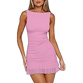 HOCILLE Women's Sexy Bodycon Boat Neck Mini Dresses Sleeveless Ruched Ruffle Hem Club Party Short Dress