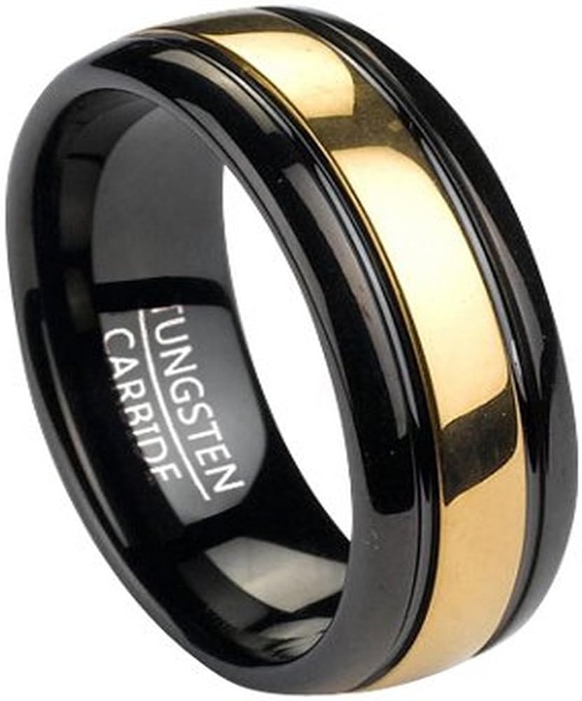 Black Tungsten Men's Ring With Gold Tone Inlay 8mm Amazon.co.uk Jewellery