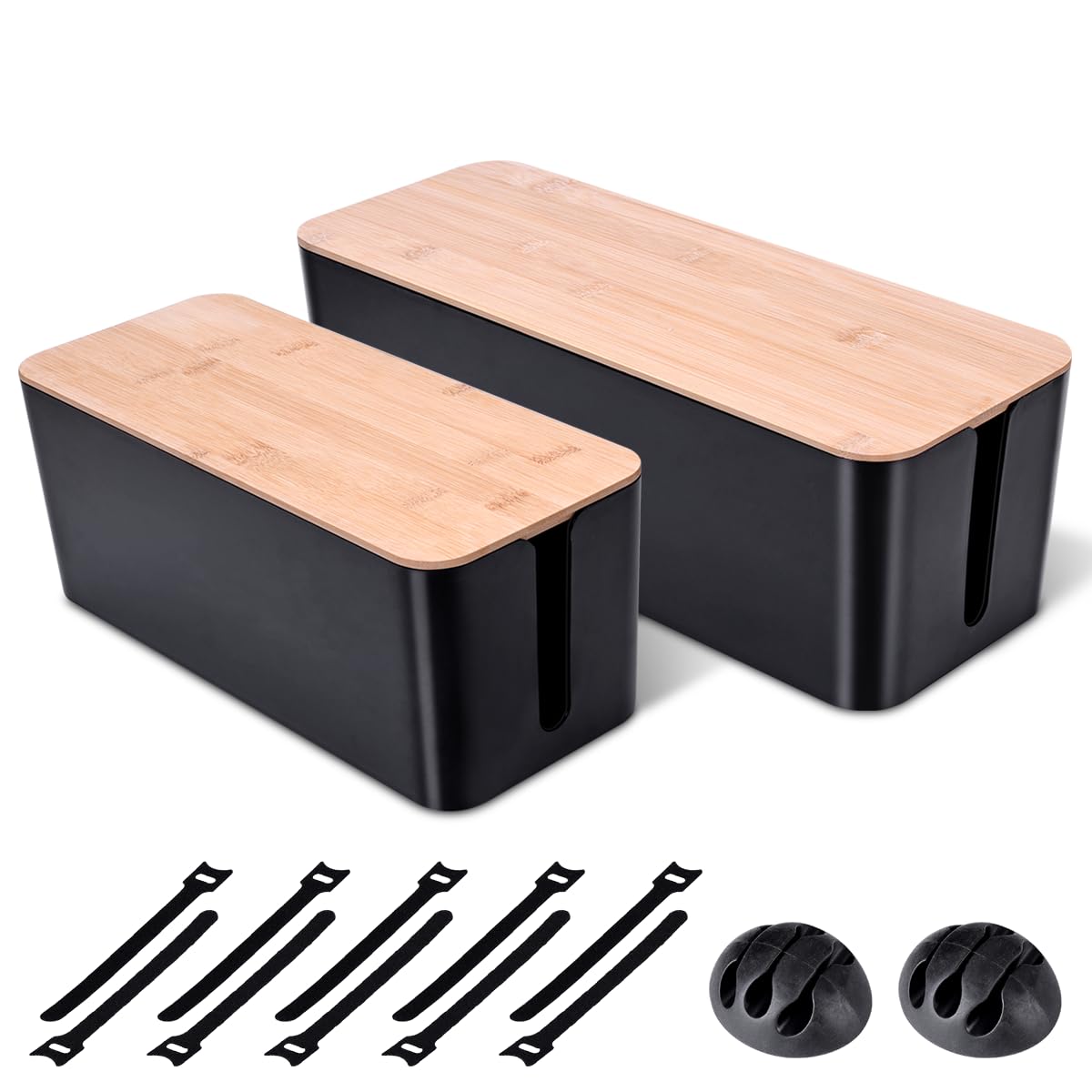 Photo 1 of 2 Pack Large Cable Management Box – Wooden Style Cord Organizer Box and Cover for TV Wires, Computer, Router, USB Hub and Under Desk Power Strip – Safe ABS Material and Baby-Pets Proof Lock (Black)