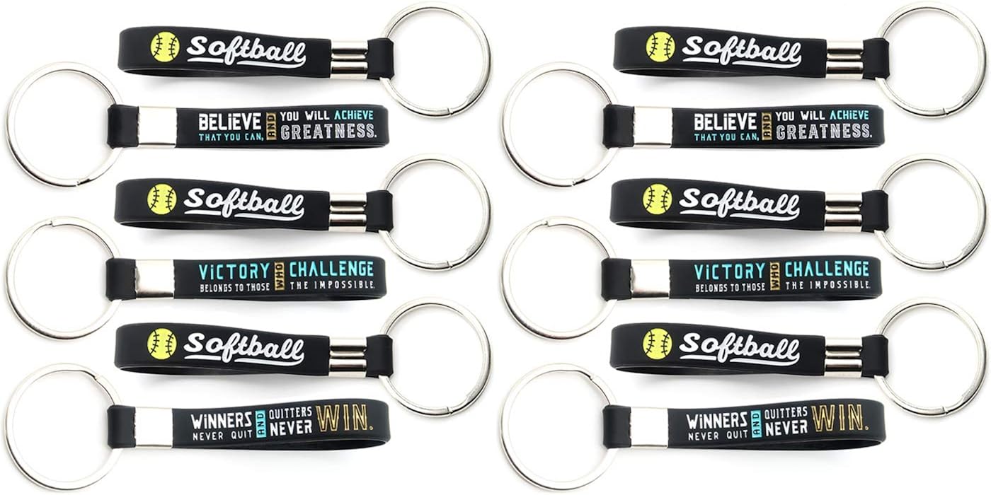 (12-pack) Softball Keychains with Motivational Quotes - Wholesale Pack of Key Chains in Bulk for Giveaway Gifts for Team, Softball Theme Party Favors and Supplies for Boys Girls Men Women: Clothing