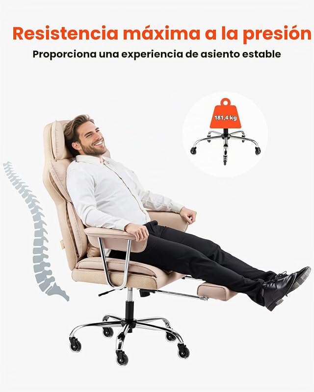 Silla de Ejecutiva de Oficina con Respaldo Alto Reposapiés Silla de Escritorio Ergonómica con Cojín de Espuma de Alta Resiliencia Silla Giratoria de Cuero PU para Trabajar, Estudiar, Marrón — foto 4 de 8