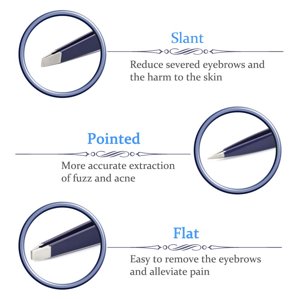 Gotofine Stainless Steel Tweezers Set of 3, Flat/Slant/Pointed, Eyebrow Plucking Strong Grip & Ultimate Precision, Includes Leather Carry Case