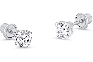 LOVEARING 14k White Gold 2-6mm Basket Round Solitaire Cubic Zirconia Children Screw Back Baby Girls Earrings