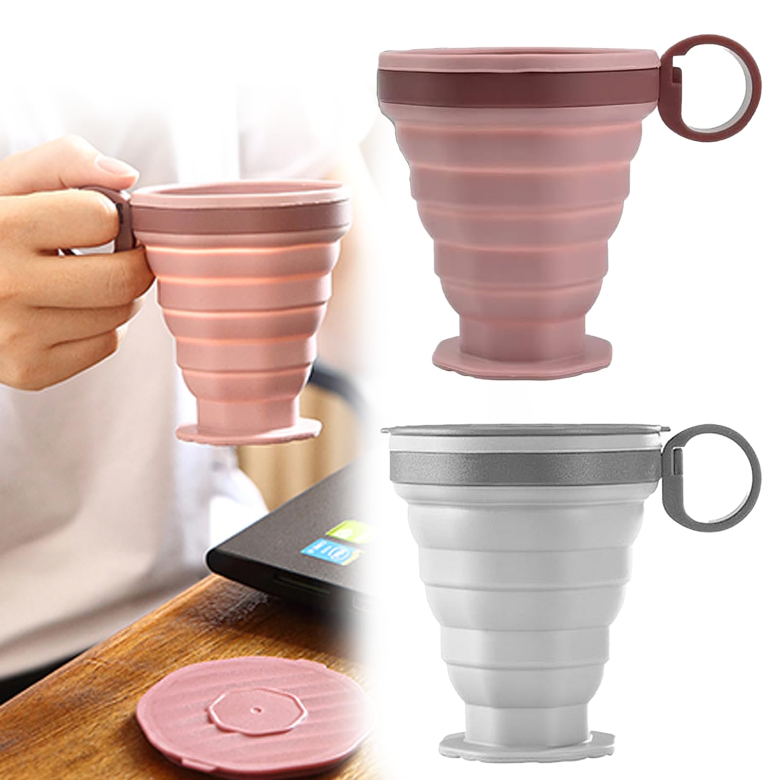 2 PCS Silicone Foldable Cup 220ml FDA & BPA Free Portable Coffee Mug with Lids Collapsible Cup For Water Coffee Tea Reusable Portable Folding Travel Mugs For Camping Hiking Picnic Self Driving