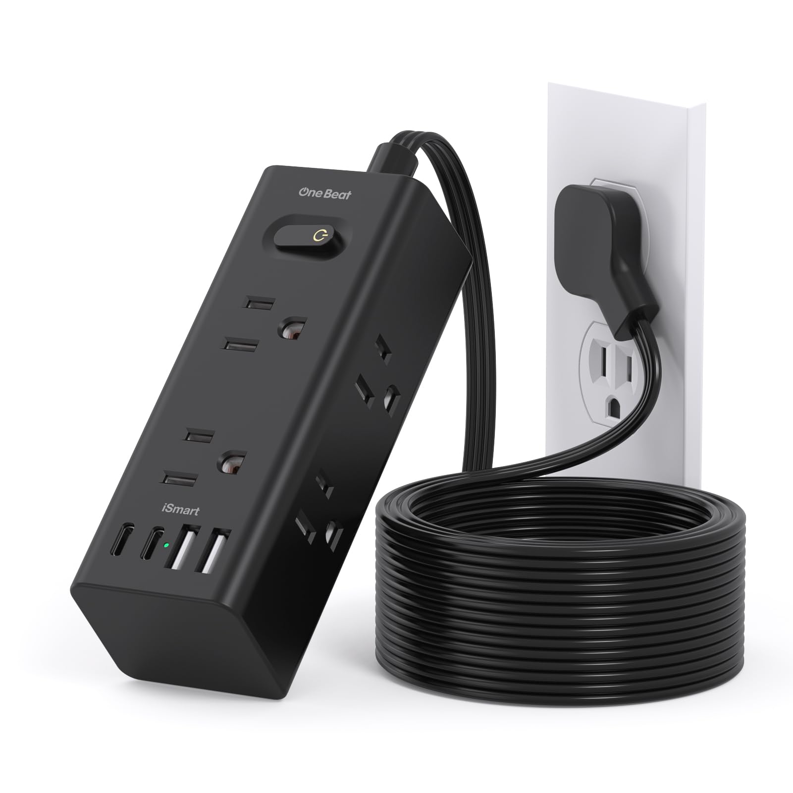 10Ft Extension Cord with Multiple Outlets, Flat Plug Power Strip Surge Protector with 10 Ft Long Cord, 6 Outlet 3 USB Ports (2 USB C), Multi Outlet Wall Plug for Travel, Dorm Room Essentials-Black