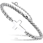 MarveBard Gothic Cross Chain Bracelets for Men Women Vintage Silver Black Stainless Steel Cross Charm Bracelet Adjustable Minimalist Bracelet Christian Religious Jesus Confirmation Cool Jewelry