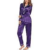 SWOMOG Womens Silk Satin Pajamas Set Long Sleeve Button Down Sleepwear 2 Piece Lounge Set Pj Set XS-3XL
