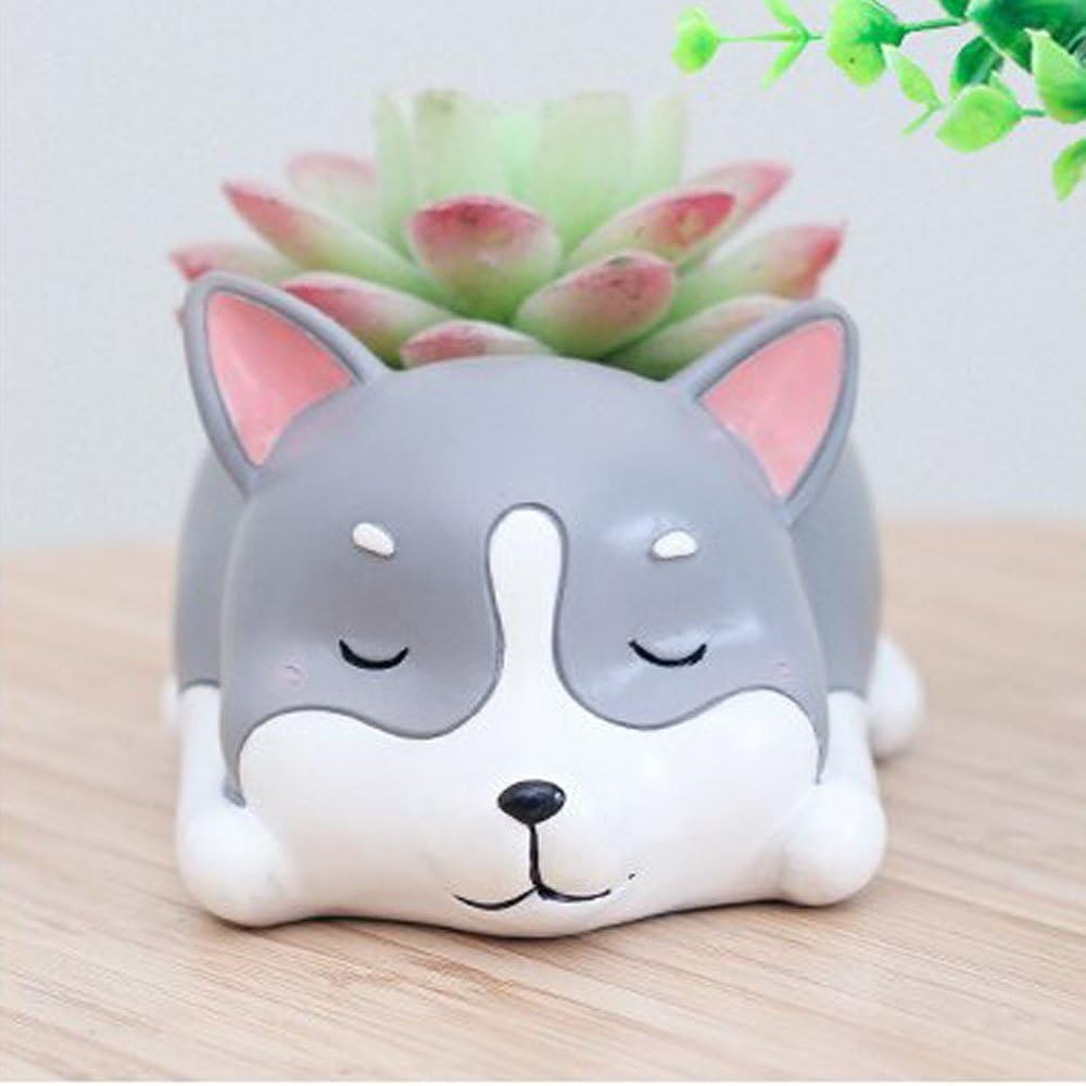 HEHEN Cute Animal Shaped Creative Cartoon Home Decoration Succulent Flower Pots/Resin Plant Pot(Husky Shaped) Gray