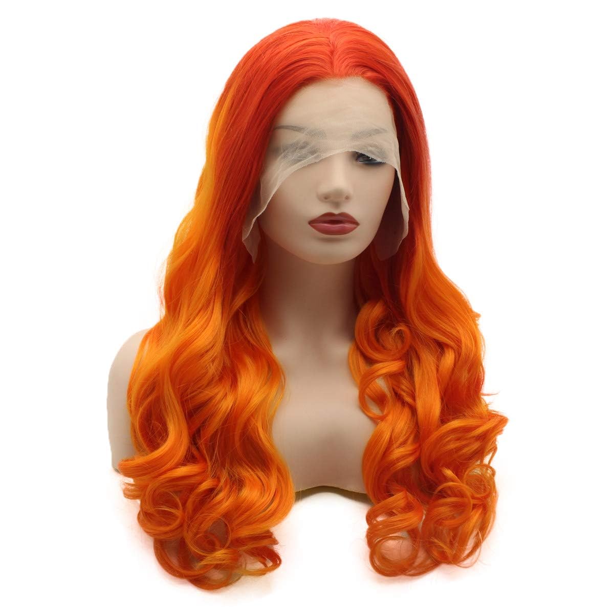 Xiweiya Long Yellow Orange Wavy Wig Synthetic Ginger Lace Front Wigs Middle Part Long Soft Wigs Hair Replacement Wig for Women, Drag Queen Makeup 24inch