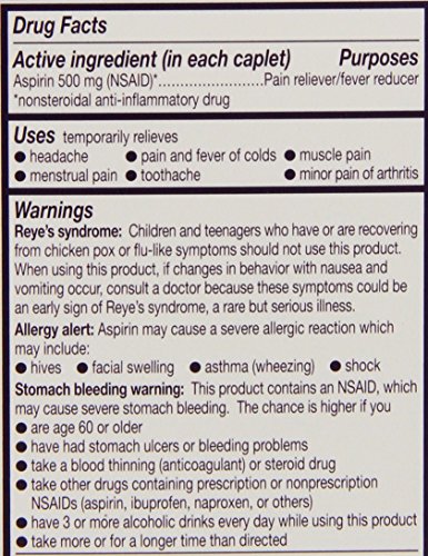 EXTRA STRENGTH BAYER ASPIRIN, 500MG COATED TABLETS, RUSHES RELIEF TO THE SITE OF TOUGH PAIN, PAIN RELIEVER/FEVER REDUCER, 100CT