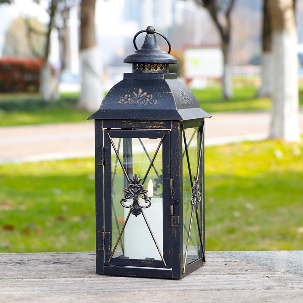 TRIROCKS Decorative Hanging Lantern 34 cm High Vintage Metal Candle Holder with Tempered Glass Perfect for Living Room Garden Yard Patio Parties Events Indoors Outdoors (Black)