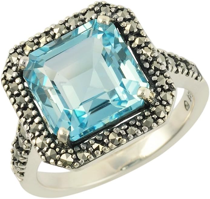 Sterling Silver 5.965ct Square Cut Blue Topaz & Marcasite Dress Ring