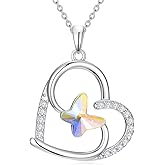 Plesitep Butterfly Necklace for Women 925 Sterling Silver Heart Butterfly Pendant Necklace Embellished with Crystals