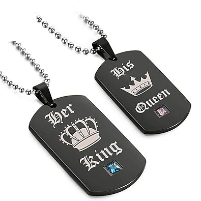 Paar Damen Herren Pärchen Anhänger mit Halskette, Edelstahl Dog Tag Anhänger mit Gravur His Queen undHer King schwarz Weiss