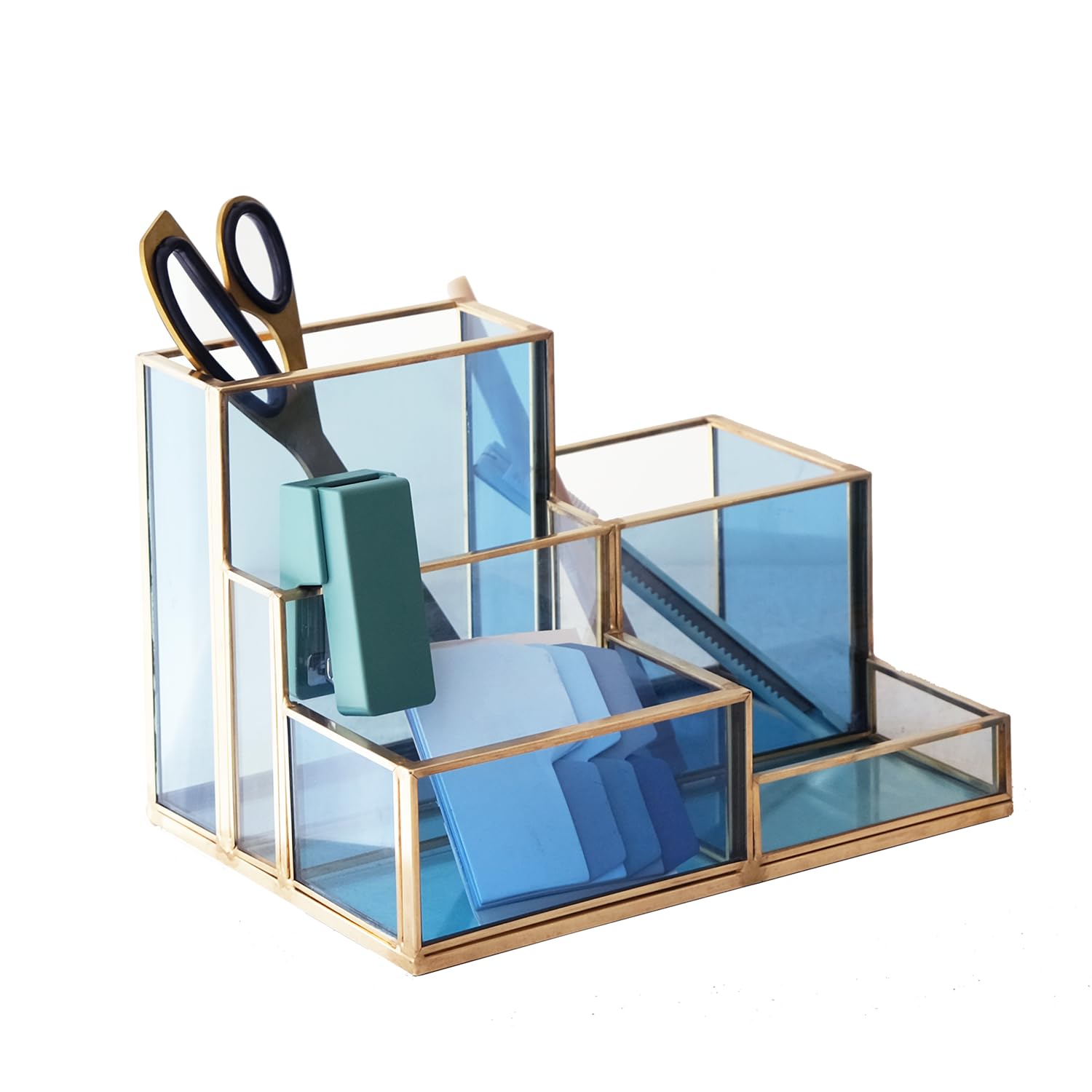 FONDAZZA 5-Compartment Desk Organisers and Accessories for Home Office Supplies, Blue Glass with Gold Brass Trim Office Décor, Pen Holder, Makeup Brush Holder
