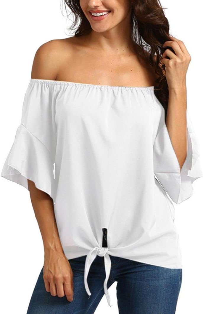 VJGOAL Women's Cotton Off Shoulder Bell Sleeve Shirt Tie Knot Casual Solid Flare Sleeve Blouses Tops