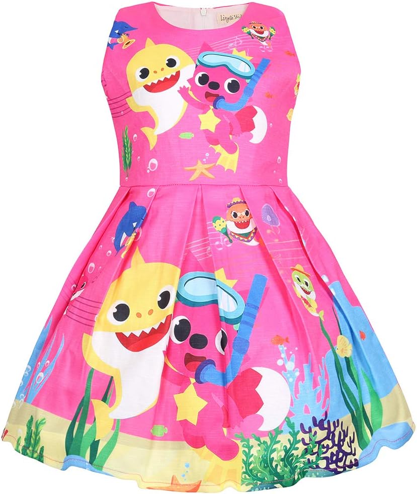 AOVCLKID Toddler Girls Baby Princess Dress up Shark Cartoon Print Party Gown Dress (Rose,100/2-3Y)