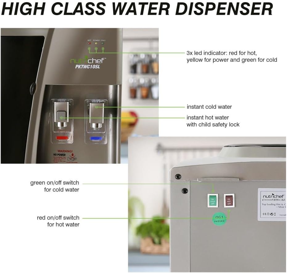 Nutrichef Countertop Water Cooler Dispenser - Hot & Cold Water, with Child Safety Lock, Black-Chrome: Kitchen & Dining