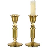 Gold Candle Holders Vintage Decor - Romadedi Solid Brass Candlestick Taper Holder for Wedding Christmas Table Centerpiece Mantel Home Decoration 5.5 Inch Set of 2