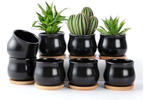 SHECIPIN 8 Pack Succulent Plant Pot, Matte Black Mini 2.6 inch Ceramic Flower Planter Pot with Bamboo Tray, Small Pots for Pl