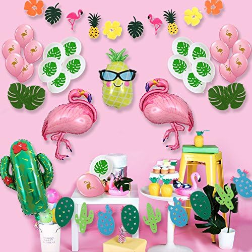 Giant Flamingo Glasses Pineapple Cactus Balloons, Flamingo and Cactus Party Banner Tropical Theme Summer Beach Party Baby Shower (Pink Flamingo Kits)
