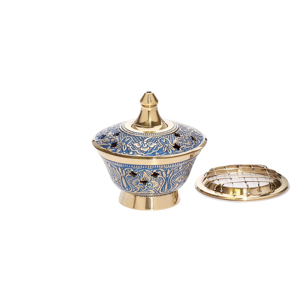NKlaus 2x 2 incense bowl painted brass, blue h7,5cm, d8 cm, 200gr 40165