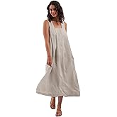 Amazhiyu Women's Pure Linen Summer Sleeveless Strap Midi Dresses with Pockets