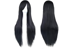 IMISSU 80cm Long Straight Natural Hair Cosplay Wigs with Bangs Colorful Halloween Costume Party Wig for Girl (Black)