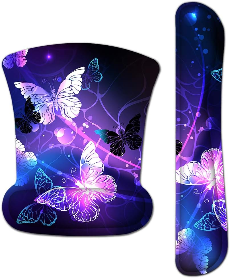 Mouse Pad with Wrist Support and Keyboard Wrist Rest Pad Set,Ergonomic Mouse Pads for Computers Laptop,Non-Slip Comfortable Mousepad w/Raised Memory Foam for Easy Typing & Pain Relief (Arts Butterfly)