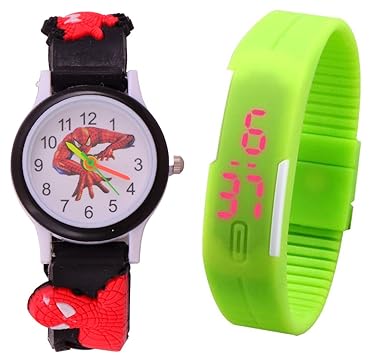 S S Traders - Black Cute Spiderman Kids Analogue Watch and Green Led Pipe Watches for Kids (Boys) - Best Return Gift for Kids