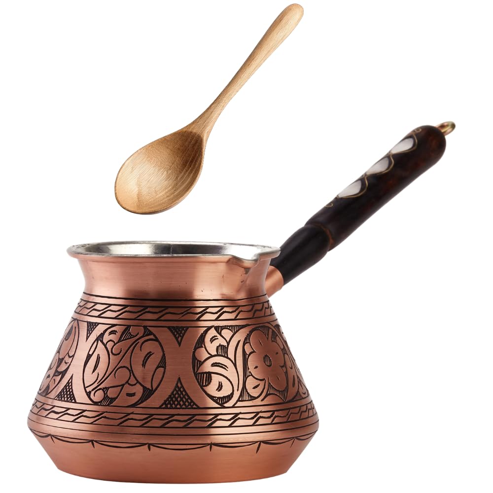 DEMMEX Thick Copper Turkish Greek Arabic Coffee Pot 250 ml, Traditional Hand Engraved Cezve Ibrik Briki with Wooden Handle & Spoon, Handmade in Turkey (Matte)