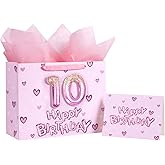 Loveinside 10th Birthday Gift Bag for Girls, Pink 3D Number 10 Balloons and Hearts Design, Medium Size Bag with Tissue Paper, Tag, Greeting Card, Ideal for Birthday Celebration, 10" x 5" x 13", 1 Pcs