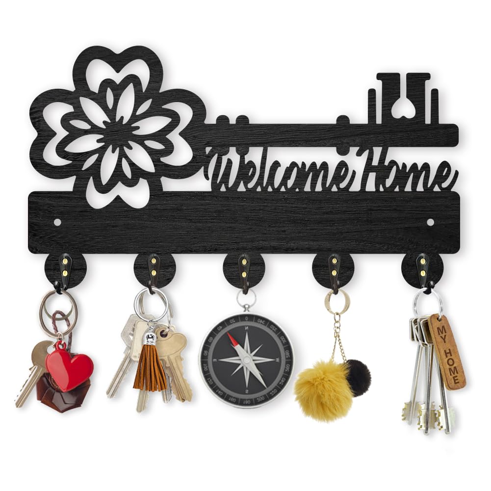 MAYJOYDIY Flower Key Coat Hooks Wall Mounted 30×17cm Flower Key Holder for Wall Welcome Home Key Hooks Decor 5 Metal Hooks Wood Key Hanger Key Organizer for Entryway and Home Decor Gift
