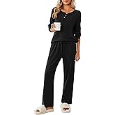 Ekouaer Womens Pajamas Set 2 Piece Lounge Sets Ribbed Knit Button Down Pjs Set Fleece Long Sleeve Sleepwear