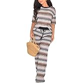Two Piece Cover Up Sets for Women Crochet Knit Hollow Out Striped Short Sleeve Tops Wide Leg Pants Sweater Outfits