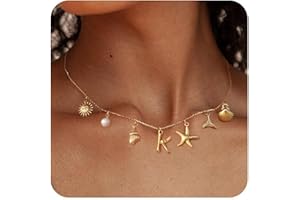 TOLOWOBK Gold Initial Charm Necklaces for Women Girls Boho Surfer Letter K Necklace 14K Gold Plated Pendant Alphabet Choker Necklace Personalized Monogram Name Shell Necklace Beach Jewelry for Women