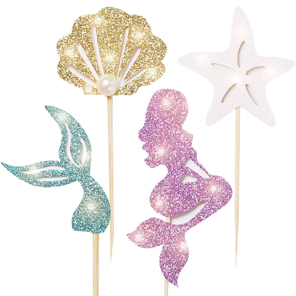 24 pcs Mermaid Party Decoration Supplies-Adorable Glitter Mermaid Theme Cupcake Topper,Perfect for Birthday Party,Baby Shower,Mermaid Theme Party(Mermaid Tail,Starfish,Mermaid,Shell)