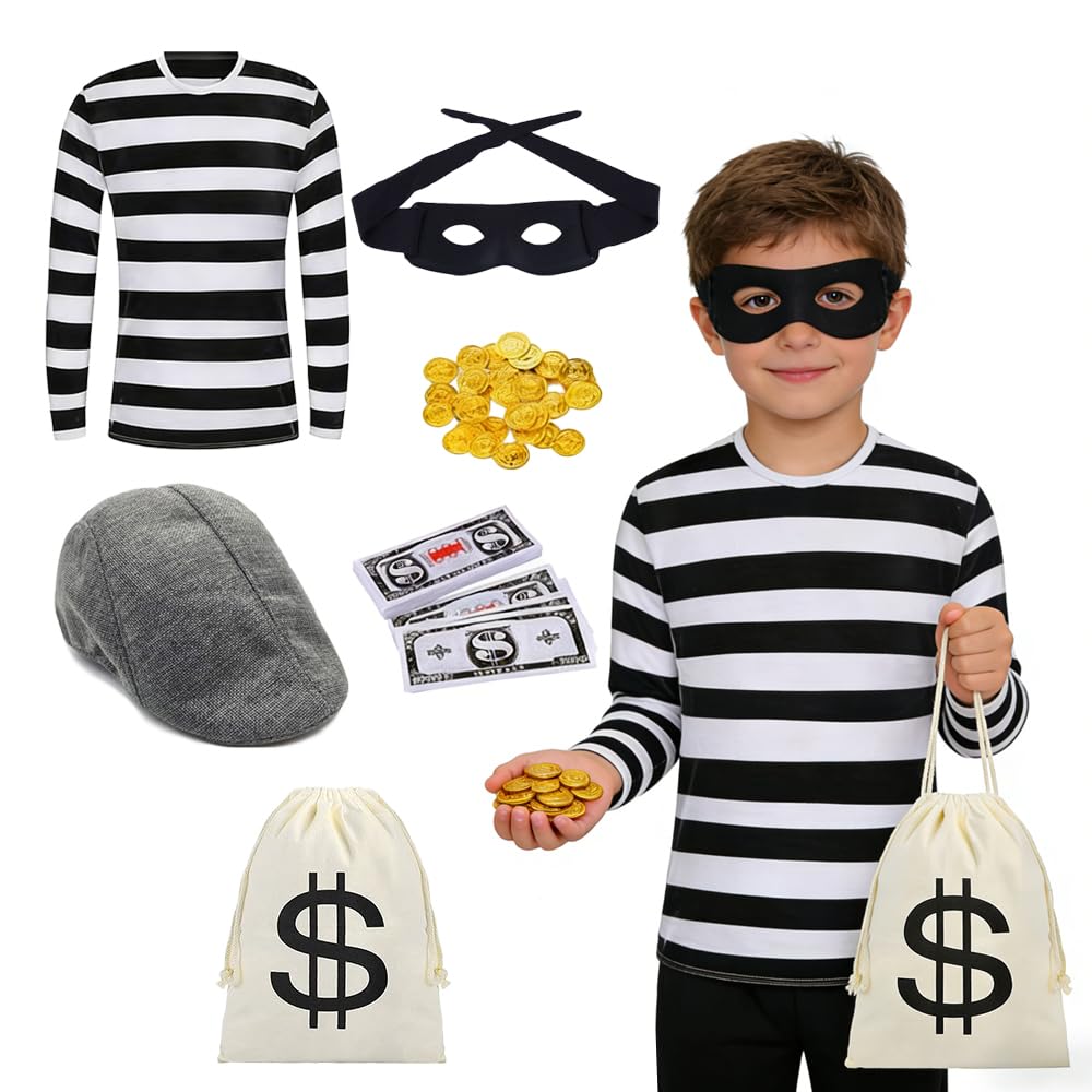 SKIKHN Burglar Costume Kids, Kids Robber Costume, Robber Costume Kids, Black & White Striped Hat Eye Mask Canvas Bag Fake Bills, Robber Costume Set for Cosplay Halloween Party Carnival