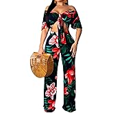 sexycherry Two Piece Outfits for Women Beach Bandage Crop Top Long Straight Pants Vacation Swimwear Cover Ups Sets