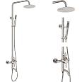 Aolemi Outdoor Shower Kit - Brass Showerhead & Soap Dish, 2-Handle Mix Valve, Brushed Nickel, 6" Center