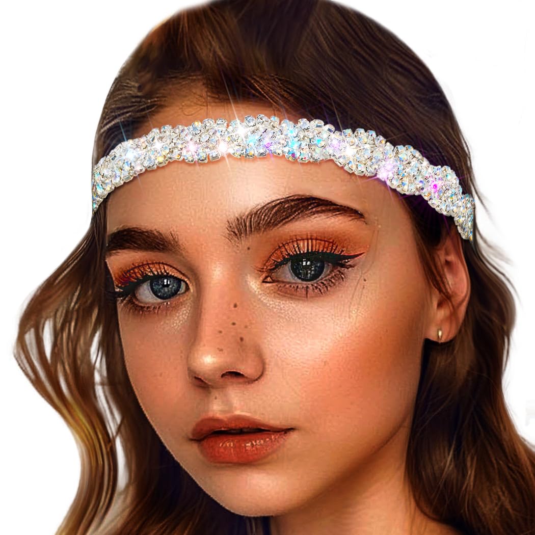 Women's Rhinestone Headbands Sparkly Elestic Hairband Vintage Metal Headbands Sparkly Elegant Party Daily Head Chain (Silver-AB, M)
