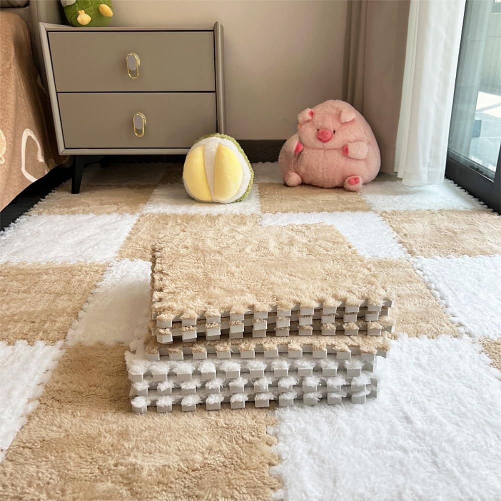 Photo 1 of 12pcs Carpet Squares Puzzle Floor Mat, Plush Interlocking Carpet Tiles, Anti Slip EVA Foam Jigsaw Floor Tiles, Build A Safe Area for Bedroom Playroom (Beige+White)