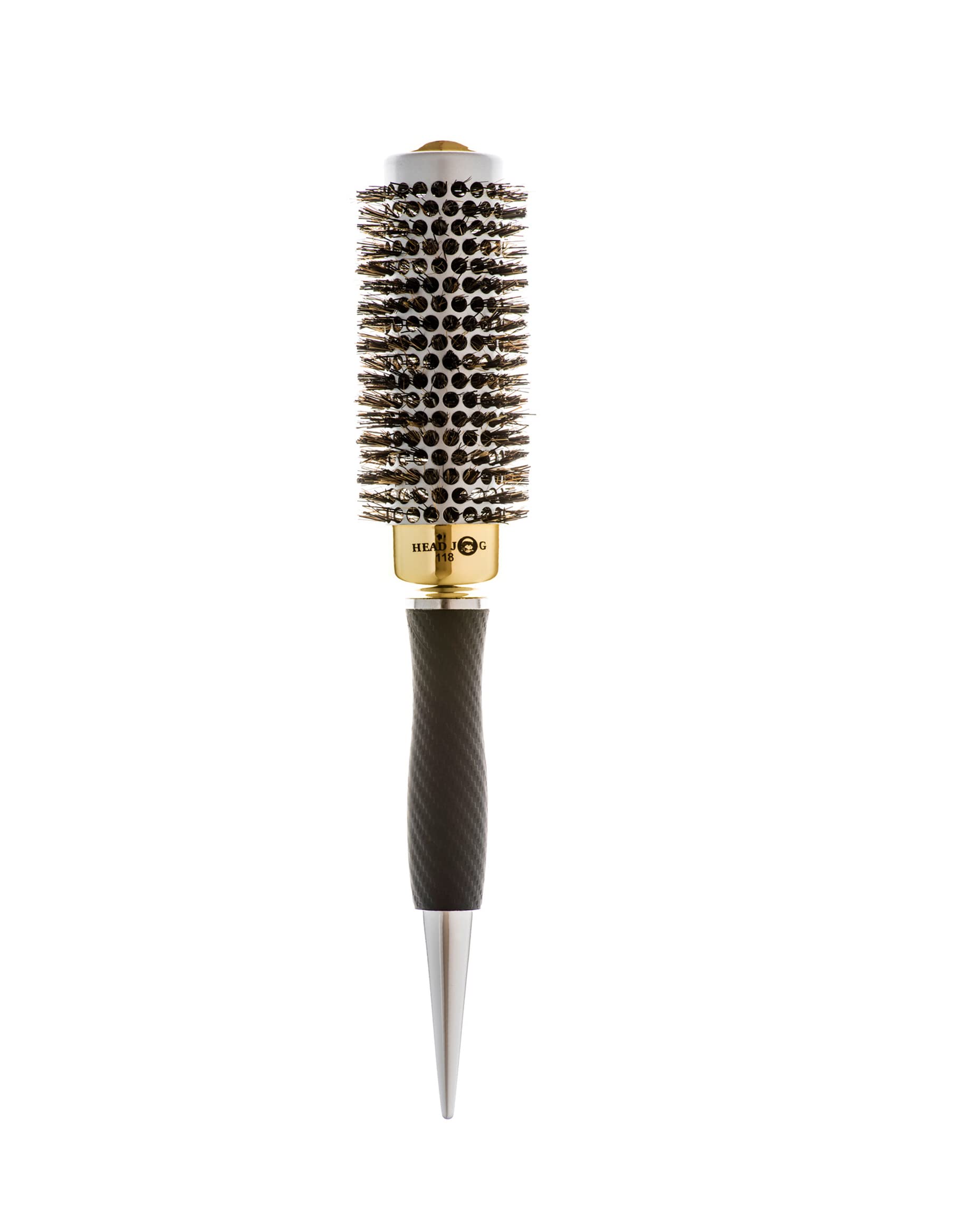 Head Jog 118 Gold Thermal Ceramic Radial Hair Brush. Round Barrel Hairbrush For Blow Dry, Curling & Styling. Ceramic Coated Barrel Brush With Boar & Nylon Bristle. Great For Frizz Free Styles. 34mm