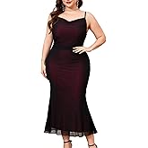 CYCLAMEN Plus Size Mesh Mermaid Dress Ruched Spaghetti Strap Fitted Sleeveless Cami Dresses Cocktail Party Wedding Guest