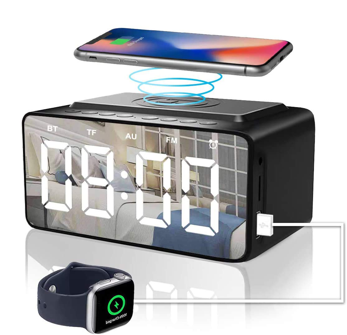 Warm Feather Alarm Clock Radio with Bluetooth Speaker, Alarm Clocks Bedside, Battery backup and USB port Powered Used as Wireless Charger and USB Charger, Snooze,Large HD LED Display