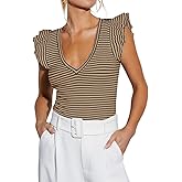 Ezbelle Women's V Neck Tank Summer Tops Striped Tshirts Ruffle Short Sleeve Slim Fitted Ribbed Knit Sexy Blouse 2026