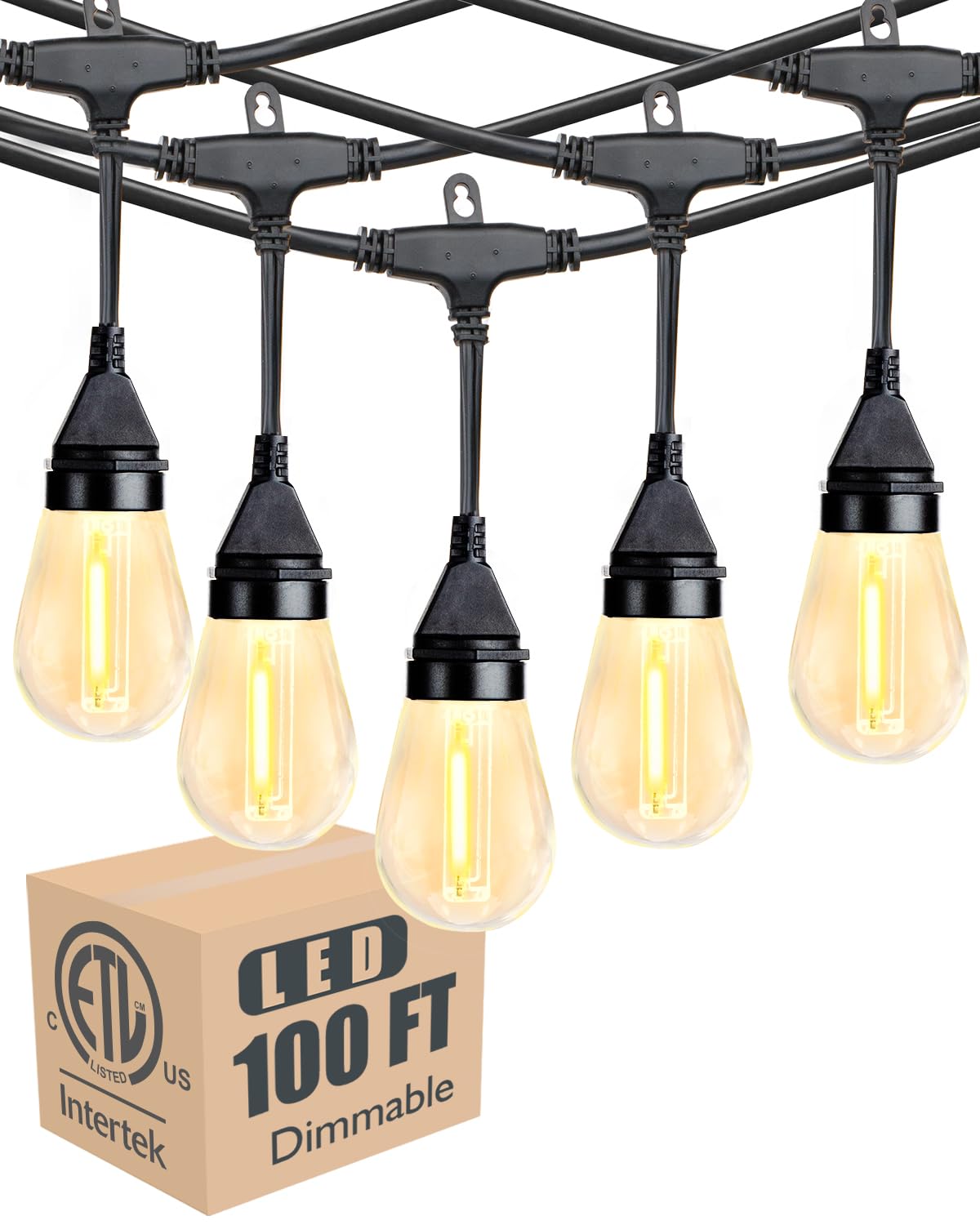 Photo 1 of Lightdot 100FT Outdoor String Lights, LED Bistro String Lights with Shatterproof S14 Bulbs, 2200K Dimmable, Waterproof Hanging Lights for Porch, Party, Garden, Backyard, Balcony - ETL Listed