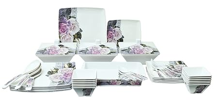 Bataniya Melamine Square Shaped Unbreakable Dinner Set with Shiny print, 69 Oz, White- Pack of 46 pieces