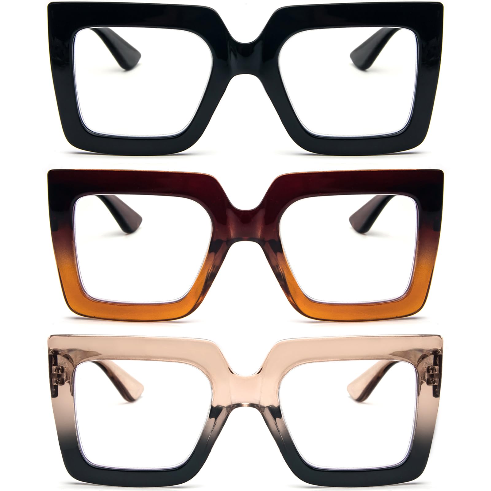 Photo 1 of REAVEE 3 Pack Oversized Reading Glasses for Women Large Frame Extra Wide, Blue Light Blocking Readers Stylish Square Thick Eyewear, Black+Brown Orange+Tea Black, 1.5